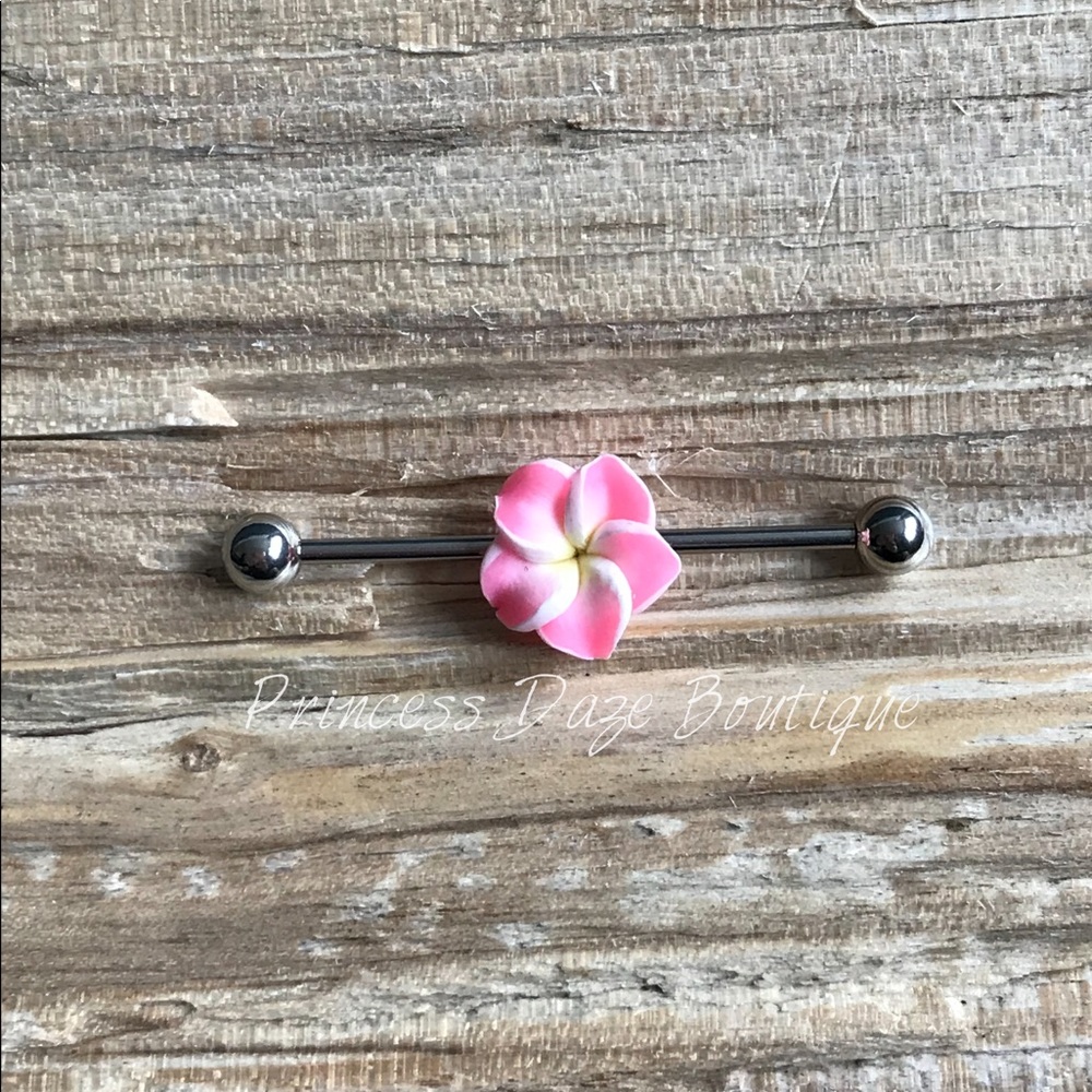 Pink Hawaiian Flower Industrial Barbell Earring